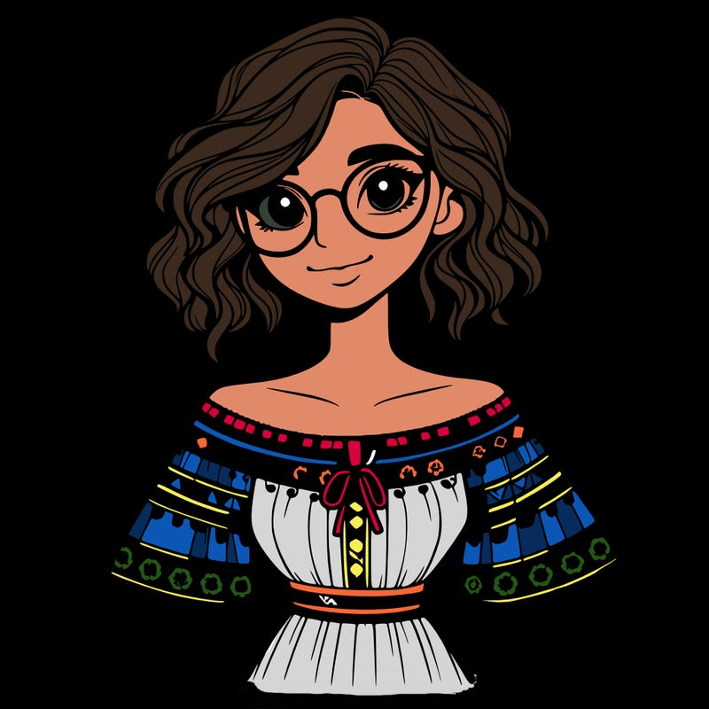 one girl with medium short hair, which are wavy. she has round glasses. she wears a latina outfit.