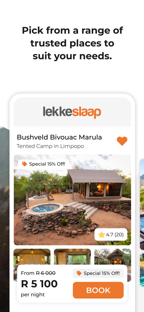 LekkeSlaap - LekkeSlaap app interface showing a luxury tented camp in Limpopo with booking price and special discount
