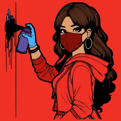 realistic girl with mask spray painting a wall