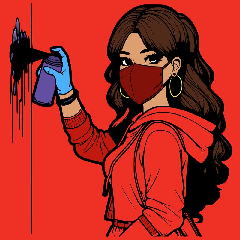 realistic girl with mask spray painting a wall