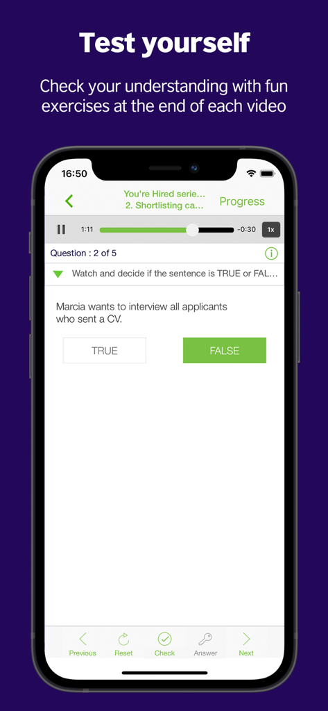 LearnEnglish Videos app interface showing a true or false business English comprehension exercise.