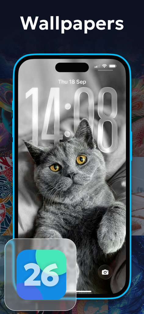 WallHub - Live Wallpapers - Pantalla de bloqueo de iPhone con un fondo de pantalla de gato en blanco y negro con un reloj digital transparente.