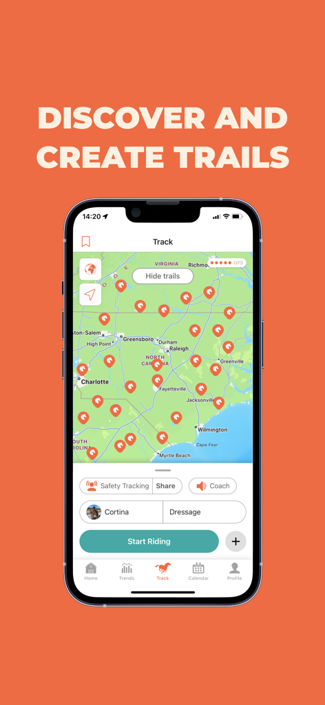 The Equilab app interface showing a map of horse riding trails and a Start Riding button.