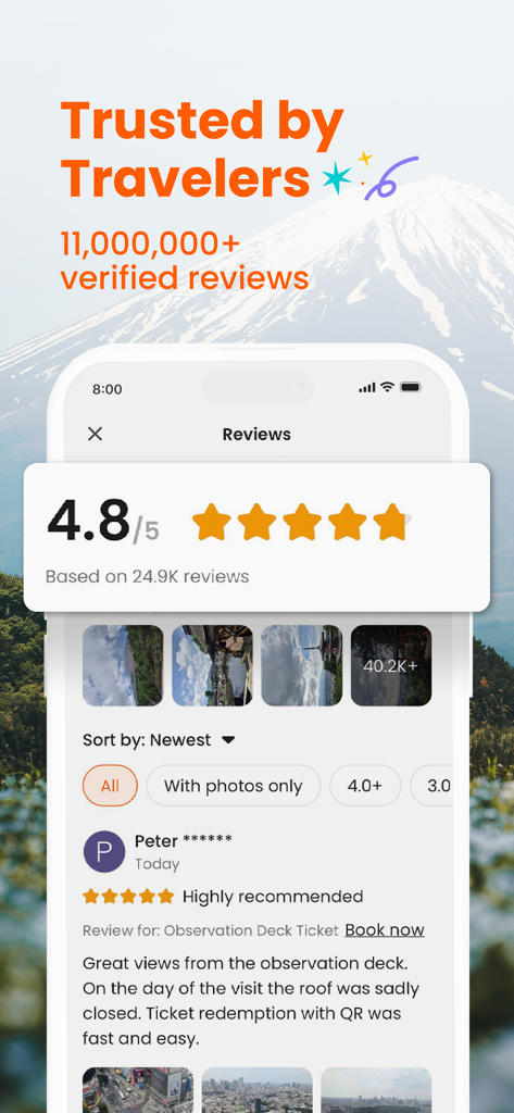 Klook app interface displaying verified traveler reviews and high ratings