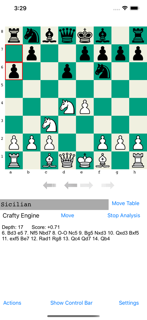 OpeningTree - Chess Openings - A chessboard showing the Sicilian opening with Crafty engine evaluation and move analysis data.