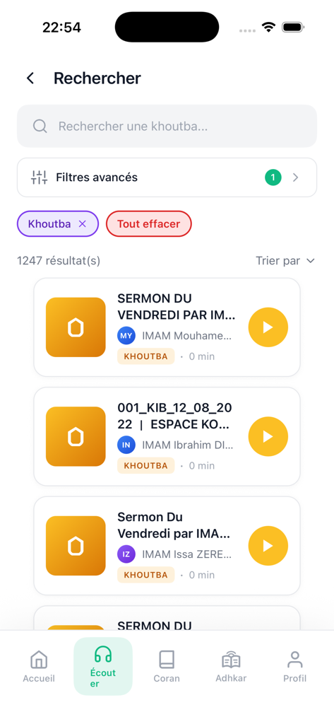 DeenCast - DeenCast search screen showing Friday sermons in a list with play buttons and filters