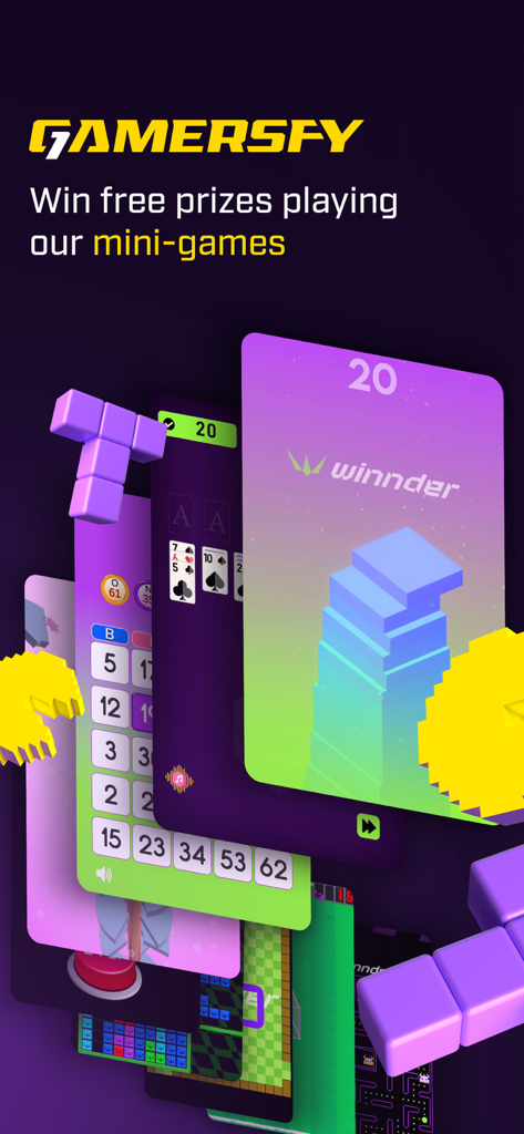 Gamersfy - Gamersfy app screenshot promoting free prizes through casual minigames like Bingo and Solitaire