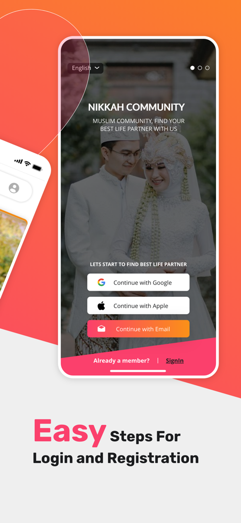 Login and registration screen of the Nikkah Muslim matrimony app showing social login options
