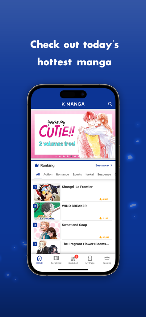 K MANGA app interface showing the ranking of today's hottest manga series including Wind Breaker