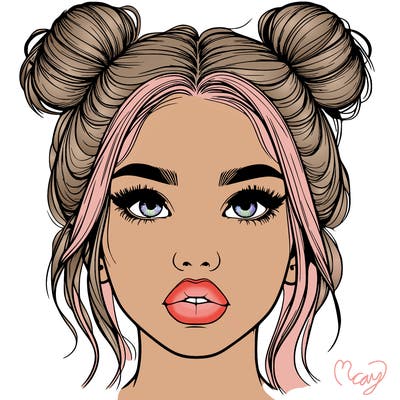 realistic girl with two buns on her hair and lips