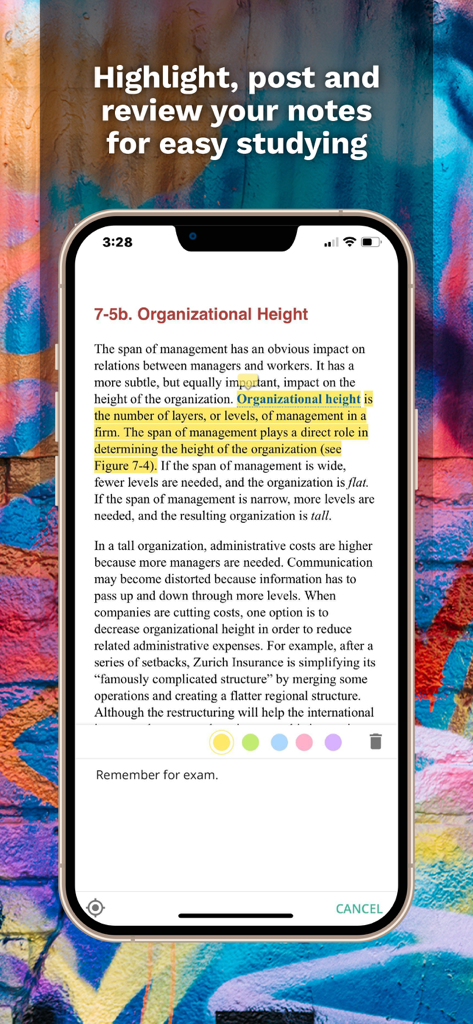 Cengage Read - A mobile phone showing the Cengage Read app with highlighted textbook text and a note-taking feature.