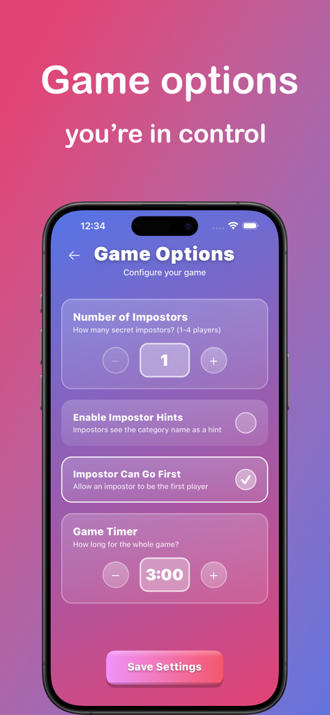 Un écran de smartphone affichant le menu des options et des paramètres du jeu pour l'application Qui est l'imposteur.