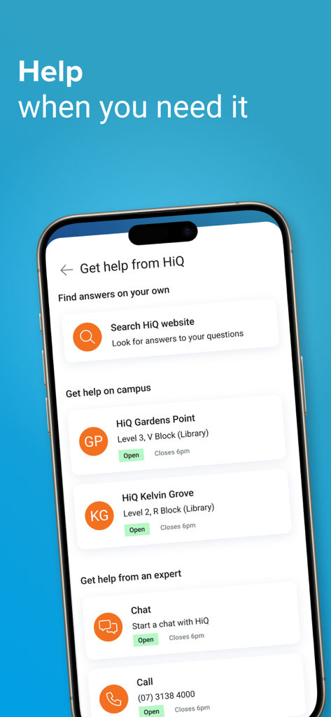 The help section of the QUT app showing HiQ support options like campus locations, live chat, and phone contact.