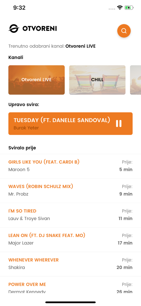 Otvoreni radio - Oberfläche der Otvoreni radio App, die den aktuellen Live-Titel und eine Historie kürzlich gespielter Songs zeigt.