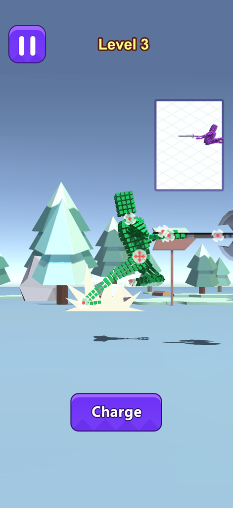 Moves Master - Moves Master level 3 gameplay showing a green blocky character posing for battle in a snowy environment