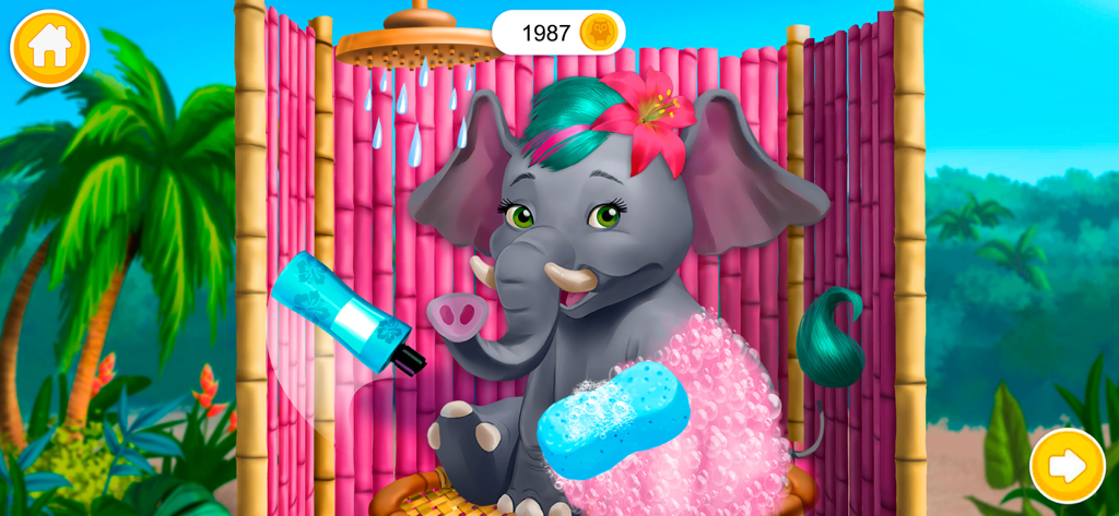 A cute baby elephant with a pink flower in her hair taking a bath in a jungle themed spa with soap bubbles and a sponge