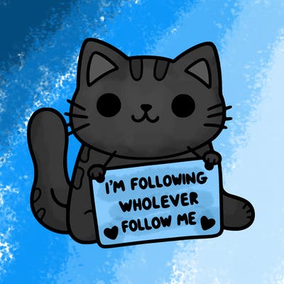 cat with a sign that says i’m following whoever follows me
