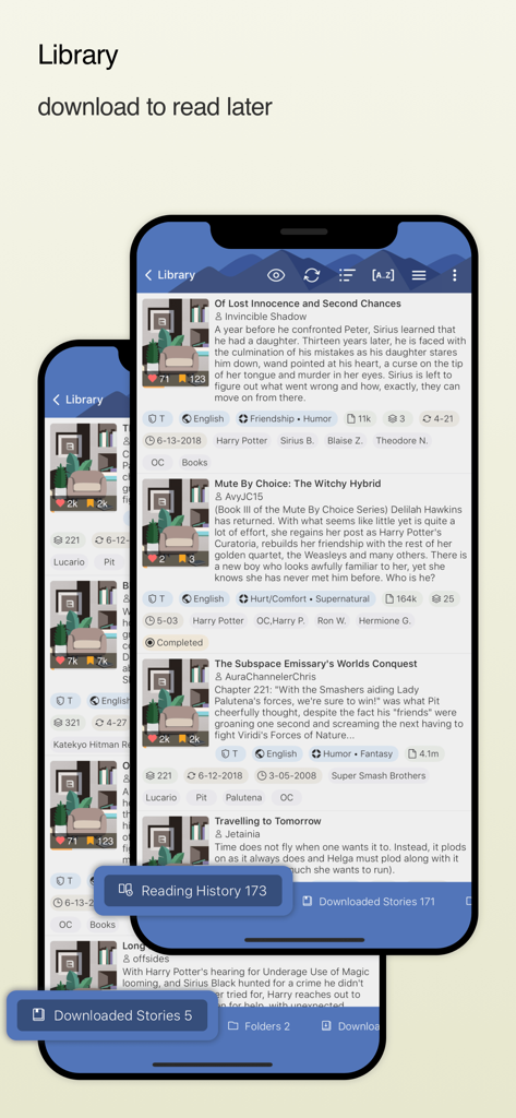 Interfaccia della libreria dell'app FanFiction.Net che mostra un elenco di storie e opzioni di download per la lettura offline