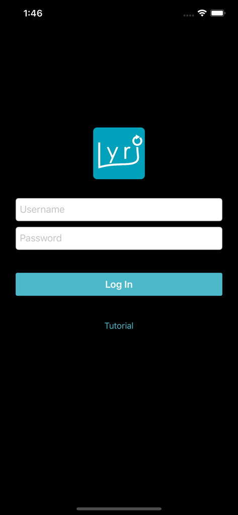Login screen of the Lyri Live app featuring a dark theme and username and password fields