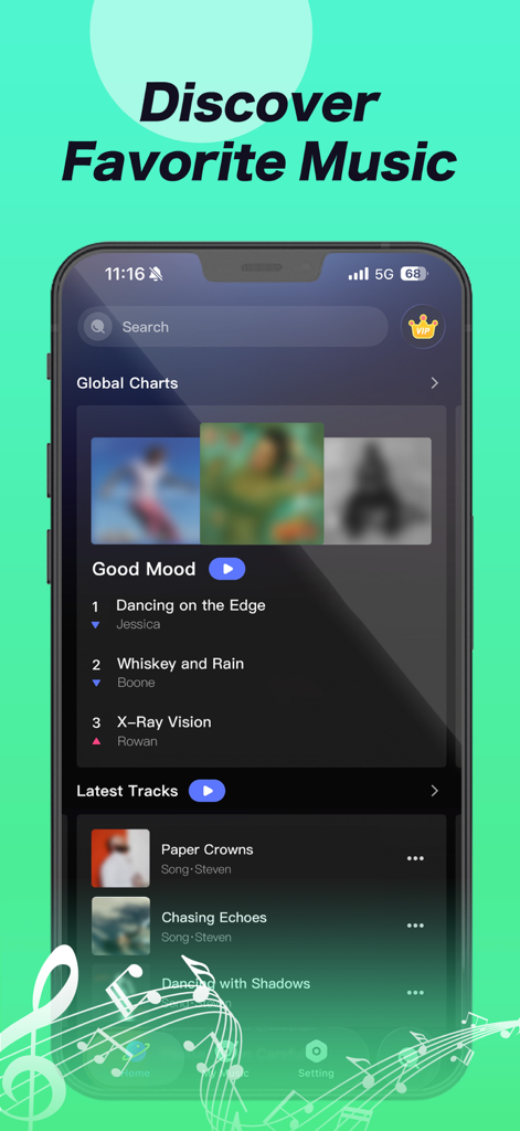 Melodista - Offline Music - Melodista app interface displaying the music discovery screen with global charts and latest tracks in dark mode