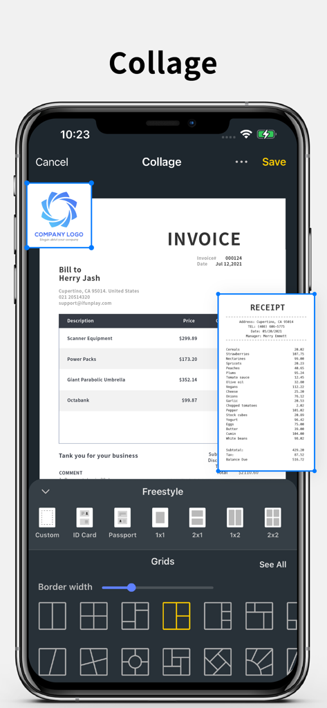 iPhone screenshot showing the document collage feature with invoice and receipt layout options