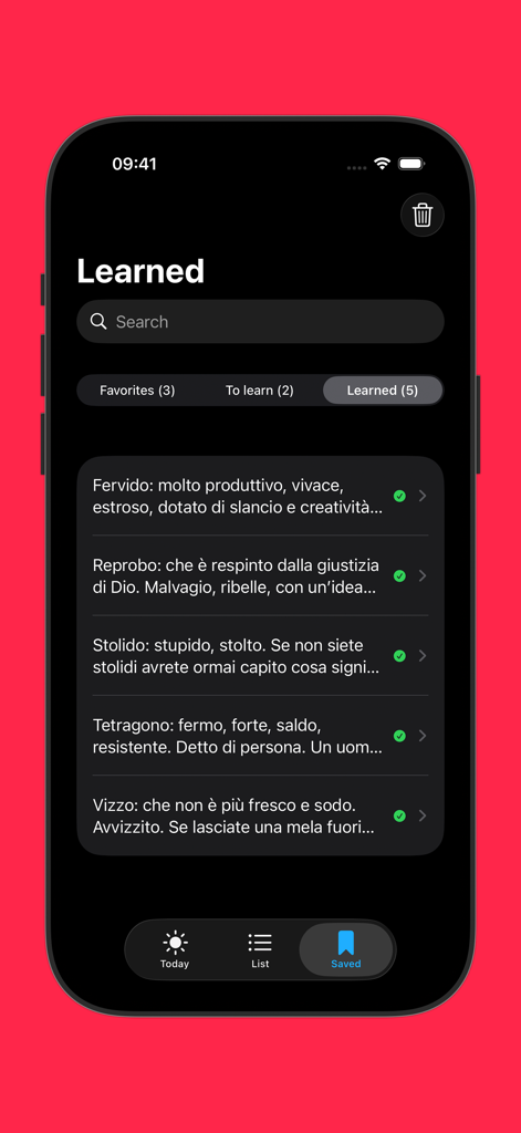 Wordapp - Une interface d'application mobile affichant une liste de mots de vocabulaire appris et leurs définitions en mode sombre