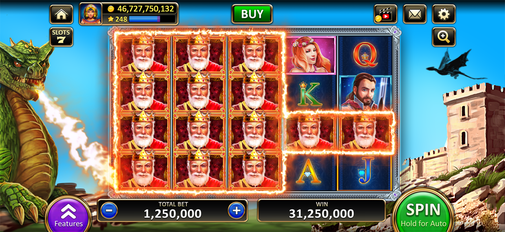 Vegas Slots Cherry Master medieval fantasy slot machine with a fire breathing dragon