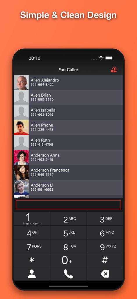 FastCaller - Screenshot of FastCaller mobile app showing a contact list and a T9 dialer with a simple and clean design