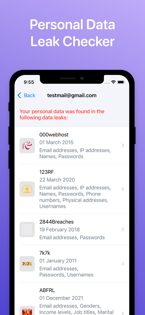 メールアドレスの個人データ漏洩と漏洩した情報が特定されたことを示すインターフェース