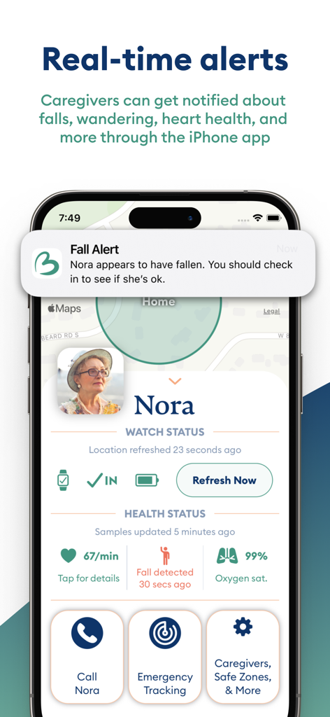 BoundaryCare Watch-Based GPS - BoundaryCare app screenshot showing a real-time fall alert notification on an iPhone for a family caregiver