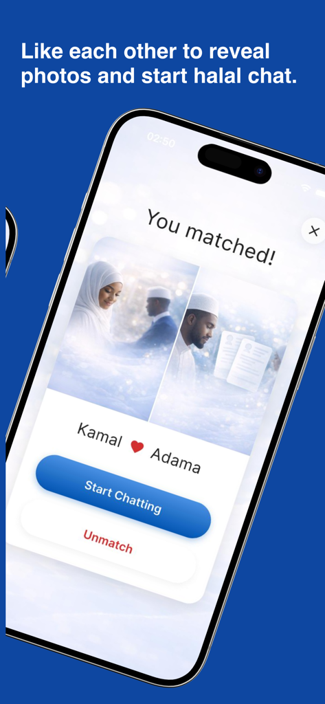 AfroHalalPair - AfroHalalPair mobile app screenshot showing a successful match between Kamal and Adama with a start chatting button