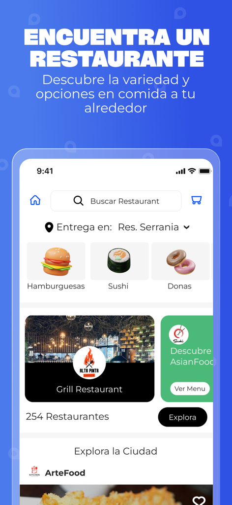 Raddi app screen showing restaurant categories and food delivery options in Spanish