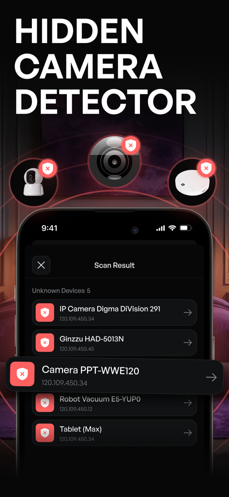 Camera Detector: AI Analyzer - カメラ検出器 AIアナライザー アプリのインターフェース。検出された隠しカメラと不明なネットワークデバイスのリストが表示されています。