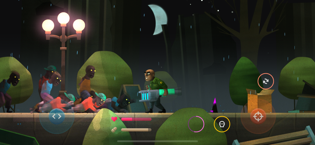 Don Zombie: Guns and Gore - Personaje de Don Zombie usando un arma de energía para eliminar un grupo de zombis en un parque urbano por la noche.