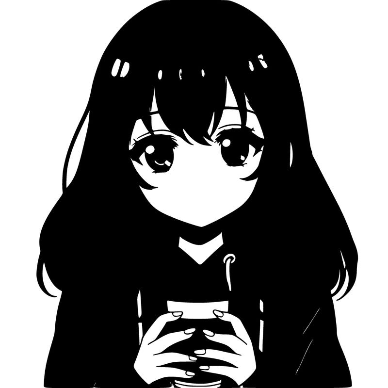 anime girl with brown hair in hoodie and glasses drinking coffee