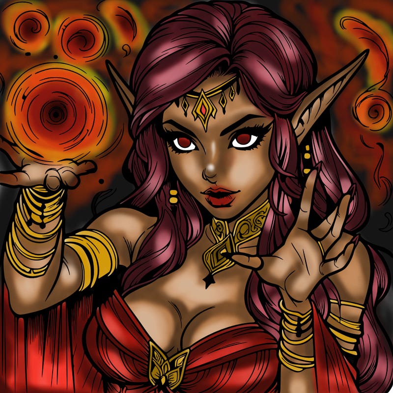 realistic scary beautiful elf sorceress casting spell