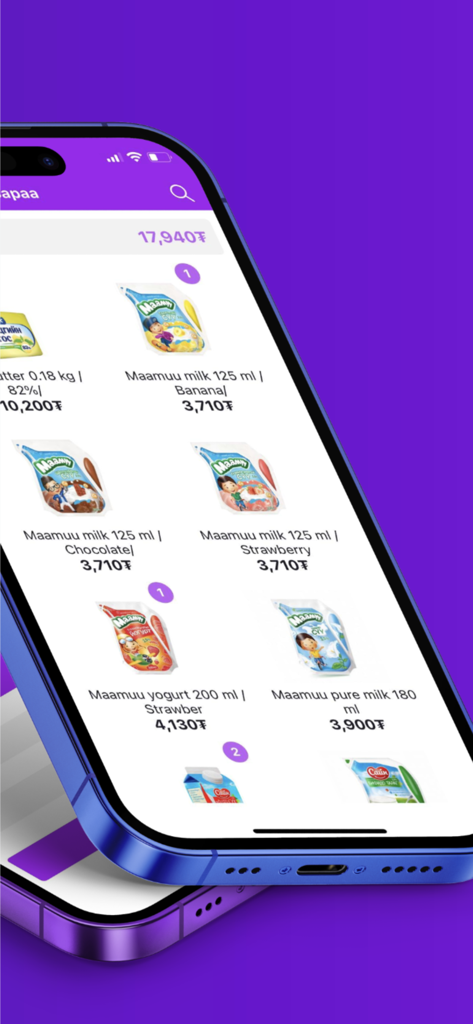 MasuPOS mobile application screen displaying a grid of dairy products with prices in Mongolian Tugrik