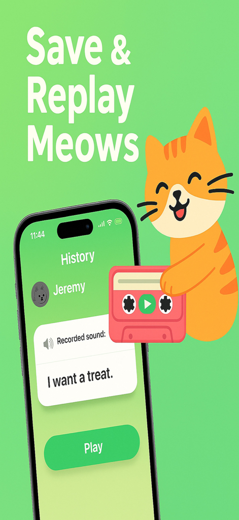 Human to Cat Translator - Meow - A screenshot of the Human to Cat Translator app showing a saved meow translation with the text I want a treat and a cute orange cat illustration.