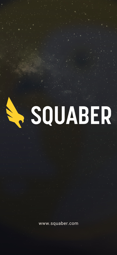 Pantalla de inicio de la aplicación de alertas de acciones Squaber con el logo del águila amarillo y fondo estrellado