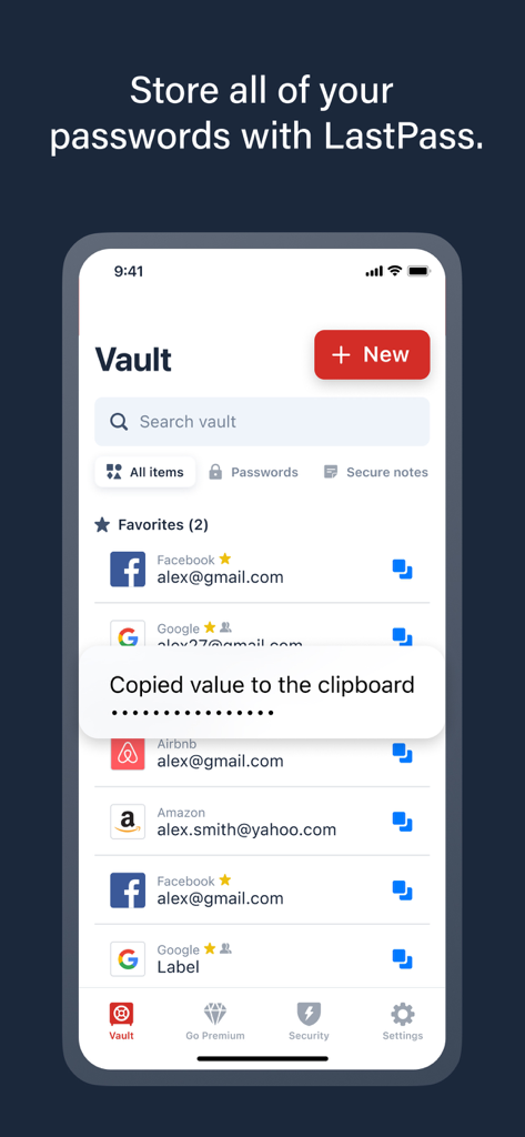 The LastPass app vault interface showing a list of saved accounts and a notification confirming a value was copied to the clipboard.