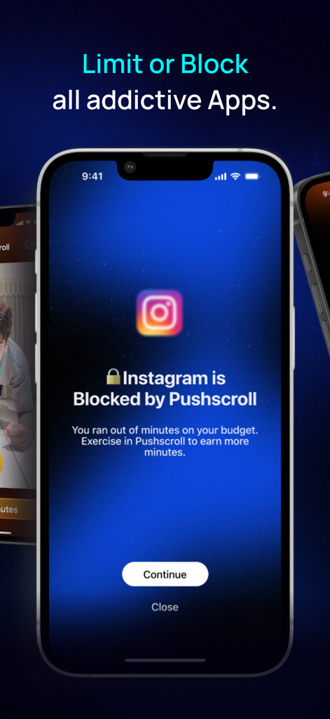 Pushscroll mobile app interface showing Instagram blocked with a message to earn more screen time through exercise