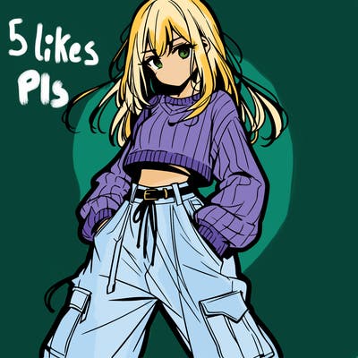 anime teen girl with baggy pants and crop top with sweater