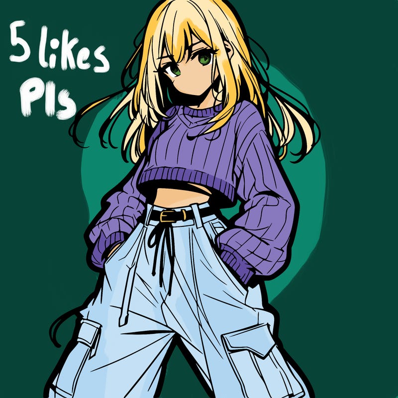 anime teen girl with baggy pants and crop top with sweater