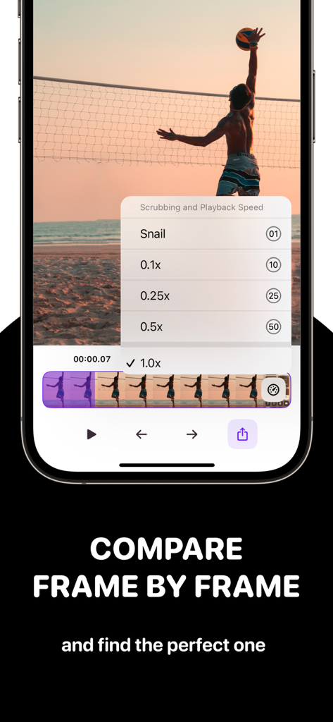 Frame Grabber app showing playback speed options for frame by frame video comparison