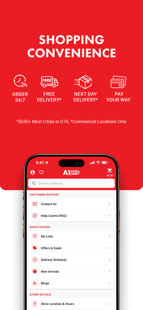A1 Cash & Carry - Mobile screen of the A1 Cash and Carry app displaying wholesale shopping features like next day delivery and quick access menu