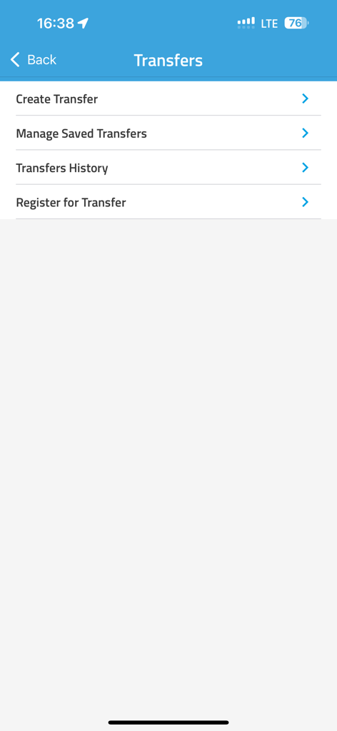 Tela de opções de transferência do aplicativo JN Bank LIVE Personal exibindo várias opções de transferência de dinheiro