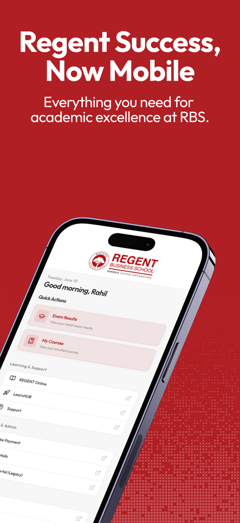 Screenshot of the myRegent mobile app home screen showing academic tools like exam results and courses
