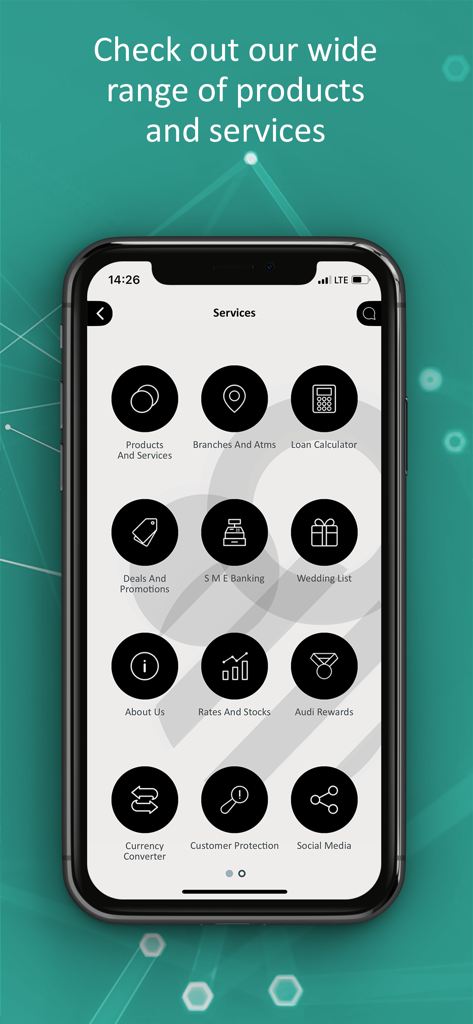 Bank Audi - Bank Audi mobile app services screen showing icons for loan calculator currency converter and branches on an iPhone