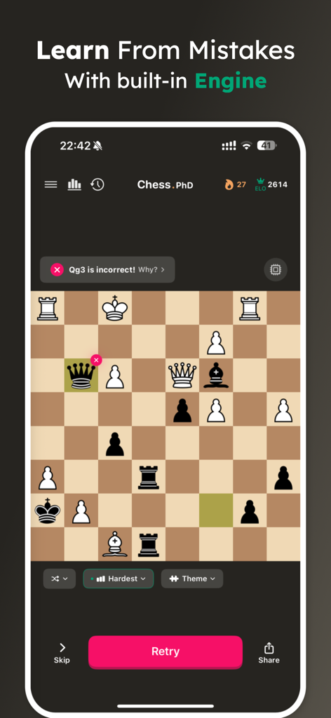 Chess puzzle app interface showing engine analysis for an incorrect move
