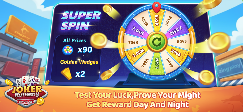 Joker Rummy ZingPlay - Joker Rummy ZingPlay Super Spin prize wheel showing daily rewards and golden wedges